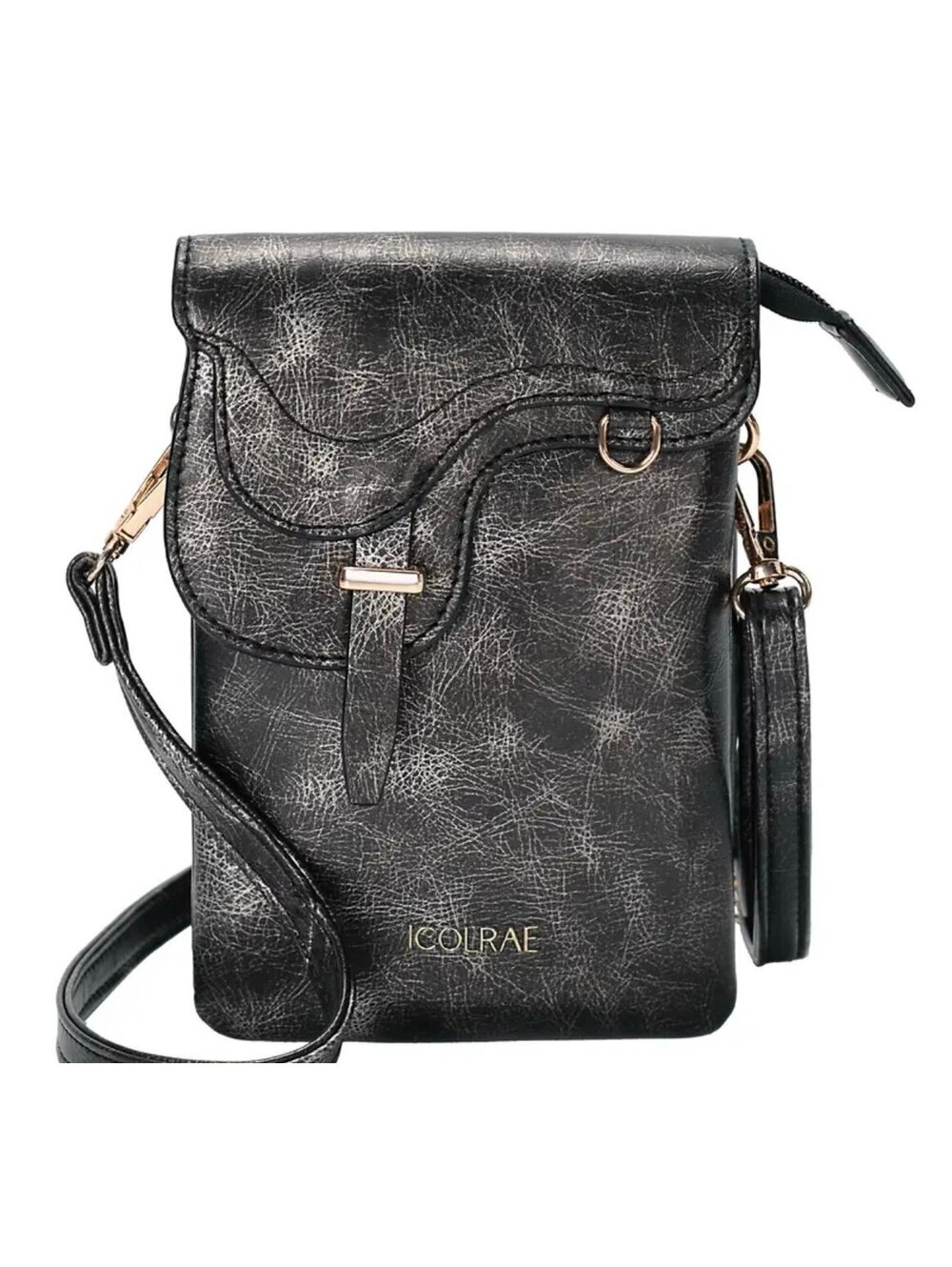 New - Trendy - Vegan Leather Multifunctional Crossbody /Phone Bag - Black /Gray